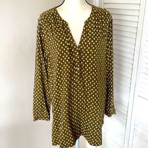 Olive Green Poppy Button Down Slip on Long Sleeve Tunic Top, Plus Size 2X